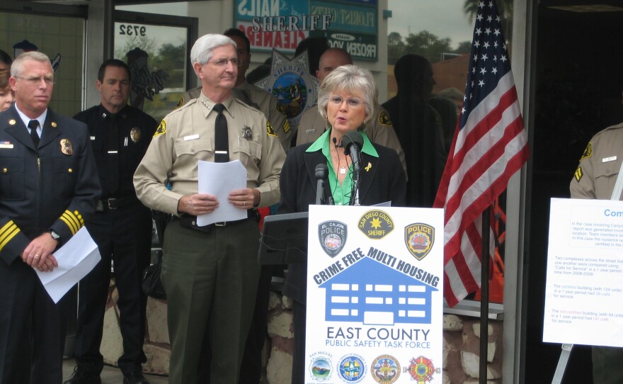 San Diego County officials talk about success of East County Public Safety Task Force Tuesday in Spring Valley on March 30, 2010 (left to right:  Lakeside Assistant Fire Chief Greg Schreiner, San Diego County Sheriff Bill Gore, County Supervisor Dianne Jacob).