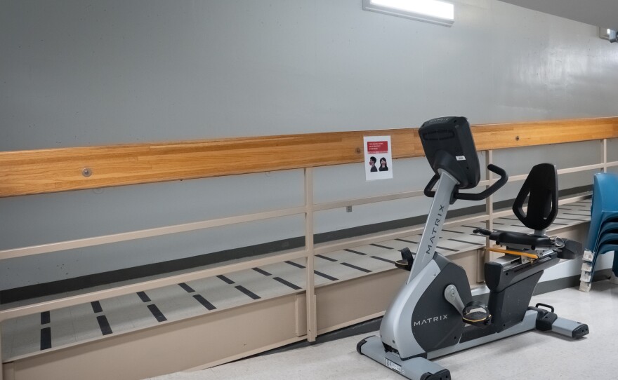 A wheelchair-accessible ramp and a stationary bike at the Minnesota Correctional Facility in Oak Park Heights, Minn., are physical accommodations made available for the aging population at the prison.