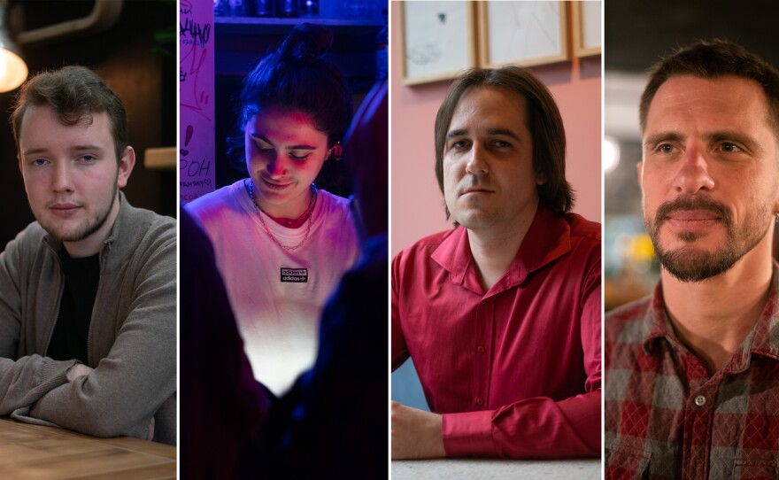 Left to right: Alexey Voloshinov, 20, Nastasya Dubovitskaya, 23, Leonid Kabanov, 30, and Lev Kalashnikov, 35, are all Russians who are living in Tbilisi, Georgia, after leaving their country in recent weeks.