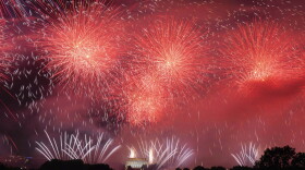 Fireworks explode over the Lincoln Memorial during Salute to America, an Independence Day event honoring the nation's 250th anniversary, early Sunday, July 5, 2026, on the National Mall in Washington as seen from Arlington, Va.