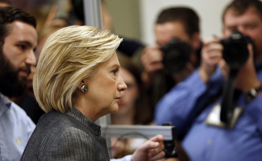 Democratic presidential candidate Hillary Clinton tours a lab during a campaign stop at New Hampshire Technical Institute in April.