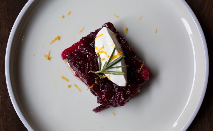 Chef Isabella's Orange-Cranberry Terrine is flavored with cinnamon and herbs and topped with Greek yogurt.