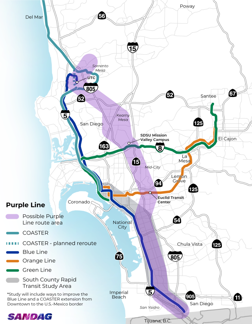 A map of the San Diego region showing a possible Purple Line route area from the border to Sorrento Mesa along with the existing COASTER line, Blue Line, Orange, Line, and Green Line routes. It also shows a planned COASTER reroute near UTC and the area of the South County Rapid Transit Study Area from near the border to Downtown San Diego.
