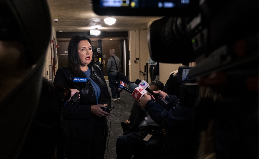 The San Diego County Board of Supervisors officially called for the immediate resignation of Supervisor Nathan Fletcher in a unanimous vote for a resolution of no confidence. Fletcher has been accused of sexual assault and harassment of former Metropolitan Transit System employee Grecia Figueroa. Fletcher announced his resignation would be on May 15, however, the Board of Supervisors is calling for his immediate removal. Chairwoman Nora Vargas spoke with reporters after the board meeting, San Diego, April 11, 2023.