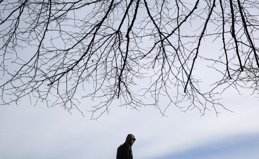 A man walks beneath a tree in Baltimore Wednesday as temperatures remain stubbornly below freezing.