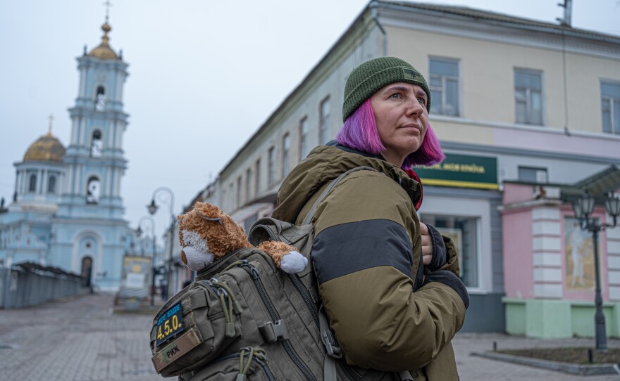 Combat medic Olena Ivanenko, 44, whose military call sign is "Ryzh," takes a break from the front line in the northeastern city of Sumy, Ukraine, earlier this year.