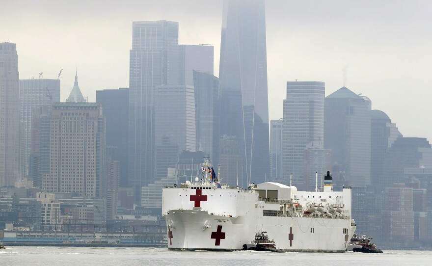 The Navy hospital ship USNS Comfort is treating more than 50 patients from New York City, including 10 critically ill people with COVID-19 who were transferred to the ship from a hospital in Queens on Tuesday.