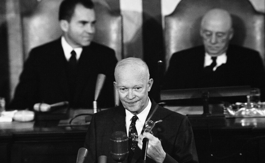 Eisenhower delivers his State of the Union address before a joint session of the 86th Congress in 1959. Behind him are Vice President Richard Nixon and Speaker of the House Sam Rayburn.