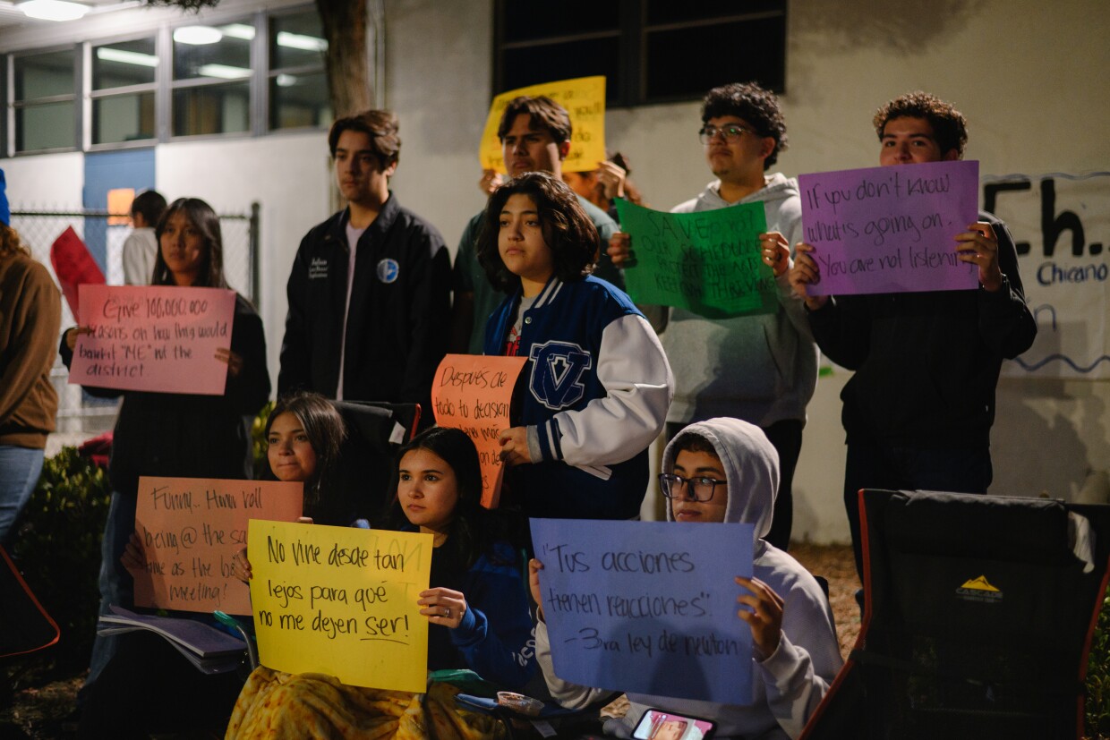 Chula Vista High students rally outside the Sweetwater Union School District offices in Chula Vista, California on February 10, 2025. District officials are planning to cut the number of classes students can take at Chula Vista High, which many worry will hurt the school’s renowned arts program.