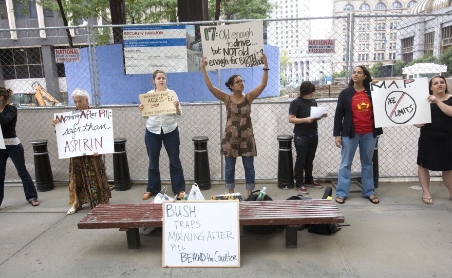 Protesters picket in front of the Jacob K. Javits Federal Building in New York City in 2006 for the removal of an age limit on the morning-after pill.