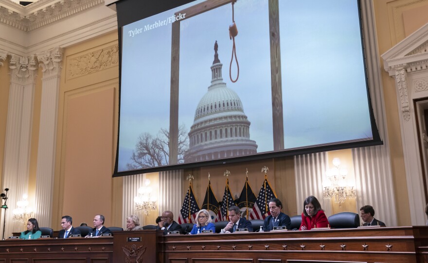 An image of a mock gallows on the grounds of the U.S. Capitol on Jan. 6, 2021, is shown at a House select committee investigating the Jan. 6 attack on the U.S. Capitol hearing.