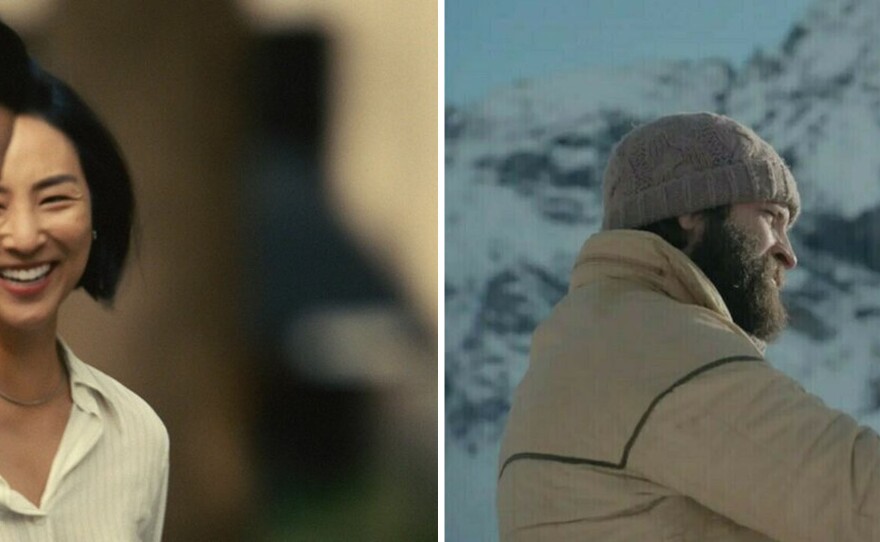 Teo Yoo and Greta Lee in <em>Past Lives</em>, left, and Alessandro Borghi and Luca Marinelli <em>The Eight Mountains.</em>