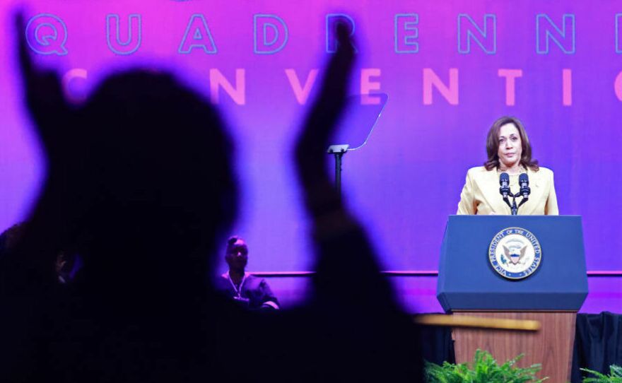 Supporters cheer as Vice President Harris addresses the 20th Quadrennial Convention of the Women's Missionary Society of the African Methodist Episcopal Church on Tuesday in Orlando.