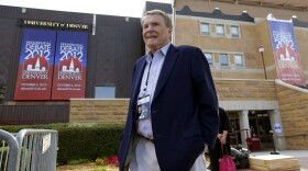 Moderator Jim Lehrer outside Magness Arena, site of a presidential debate on the campus of the University of Denver in Denver, Oct. 1, 2012. 