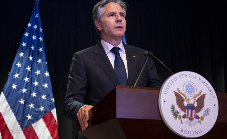 Anthony Blinken, Secretary of State at the United States of America speaks at a press conference at the U.S. Embassy in Beijing, China.