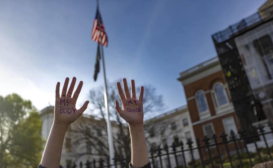 <strong>BOSTON:</strong> A protester with the words, 'MY BODY, MY CHOICE' written on the palms of her hands at the Defend Abortion Rights rally at the Massachusetts State House.