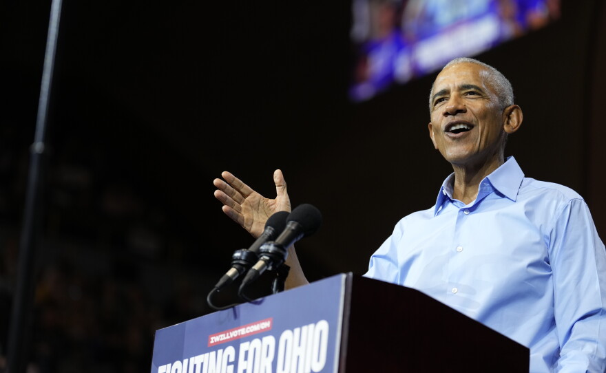 Former President Barack Obama speaks during a campaign rally for Democratic Ohio Senate candidate Sherrod Brown, Saturday, Oct. 24, 2026, in Cleveland.