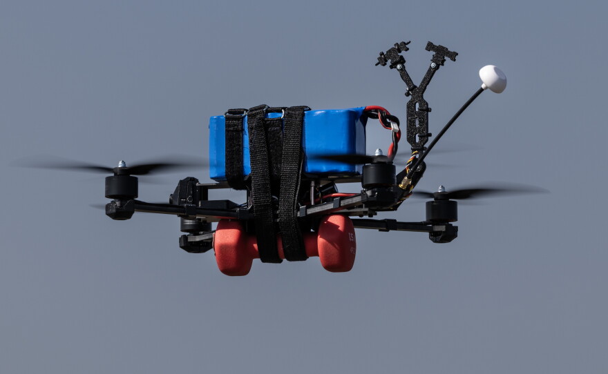 A Lupynis-10-TFL-1 drone is seen in the air at a test site in central Ukraine.