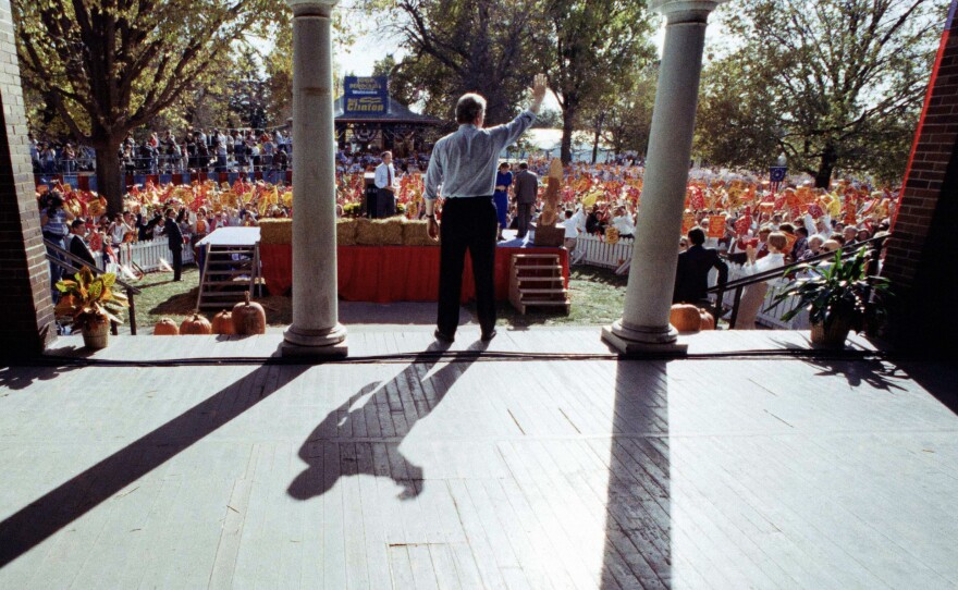 Candidate Bill Clinton waves to supporters at the fair Iowa State Fair in 1992.