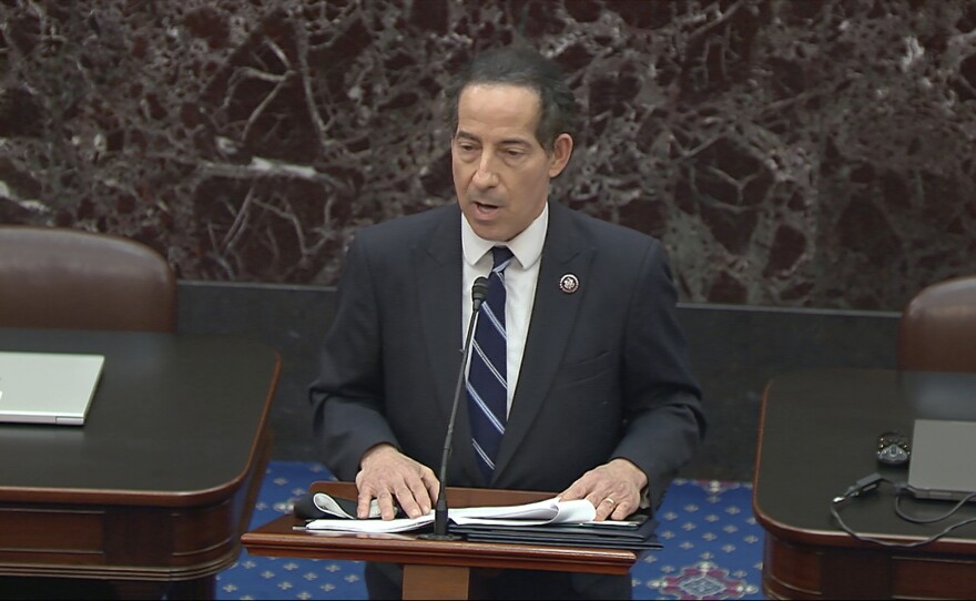 Lead impeachment manager Rep. Jamie Raskin, D-Md., reads the article of impeachment Monday against former President Donald Trump on the Senate floor.