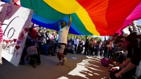 Demonstrators hold up a rainbow flag in front of the Supreme Court in Washington, April 28, 2015.