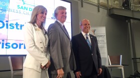 Encinitas Mayor Kristin Gaspar, from left, County Supervisor Dave Roberts and Escondido Mayor Sam Abed at a candidates' forum for the San Diego County Supervisors District 3 seat, May 17, 2016.