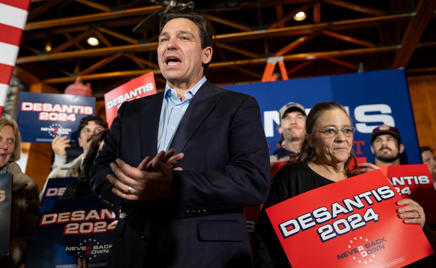 Florida Gov. Ron DeSantis speaks during a campaign event at Jethro's BBQ 'n Jambalaya in West Des Moines, Iowa on Dec. 10.