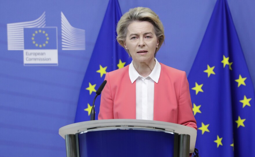 European Commission President Ursula von der Leyen delivers a statement at EU headquarters in Brussels on Sunday. Britain and the European Union say talks will continue on a free trade agreement — a deal that, if sealed, would avert New Year's chaos for cross-border traders and bring a measure of certainty for businesses after years of Brexit turmoil.