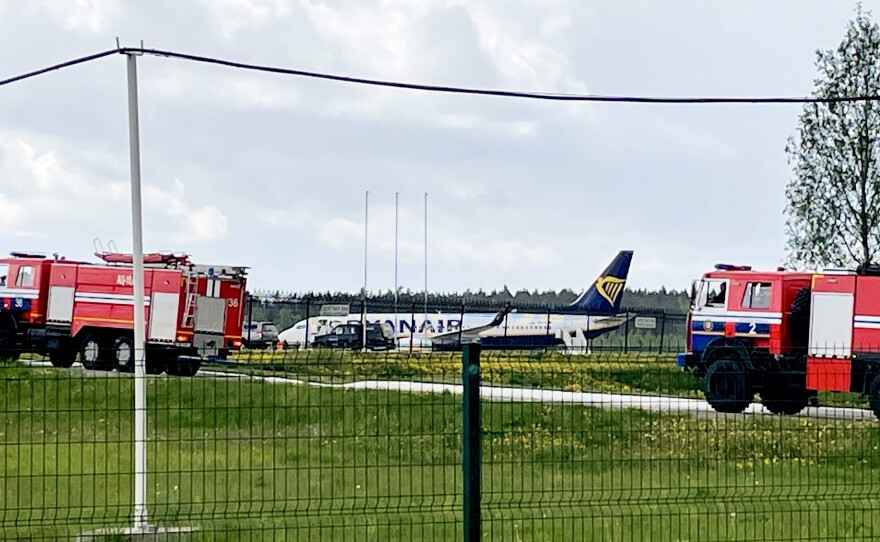 A Ryanair Boeing is parked at Minsk International Airport on Sunday. Belarusian opposition activist Roman Protasevich was detained at Minsk airport after his Lithuania-bound flight made an emergency landing.