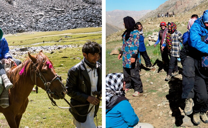 At left, 17-year-old Diba Azizi, bandaged up post-fall, is taken down on a horse. At right, Zahra Karimi Nooristani carries her sister, Rabia, on her back after Rabia fell during the descent, suffering a hairline fracture.
