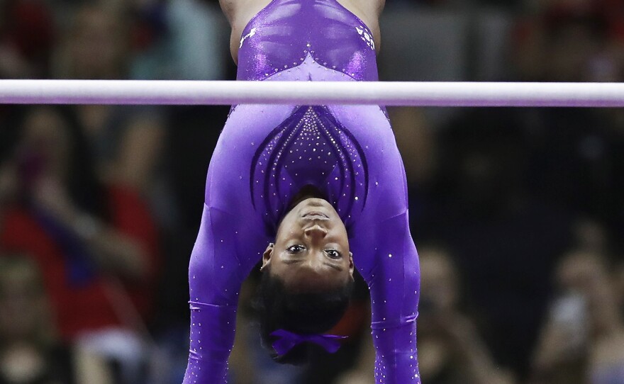 Simone Biles competes on the uneven bars during the U.S. Olympic Women's Gymnastics Team Trials in July in San Jose, Calif.
