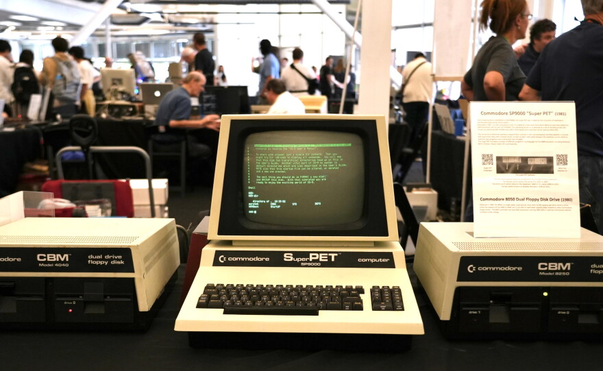 A 1981 Commodore SP9000 “Super PET” computer and floppy disk drives are displayed at the Vintage Computer Festival in Mountain View, Calif., Sunday, Aug. 2, 2026.