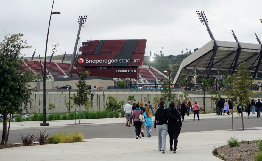 People arrive for an event at Snapdragon Stadium in Mission Valley, Sept. 16, 2023.