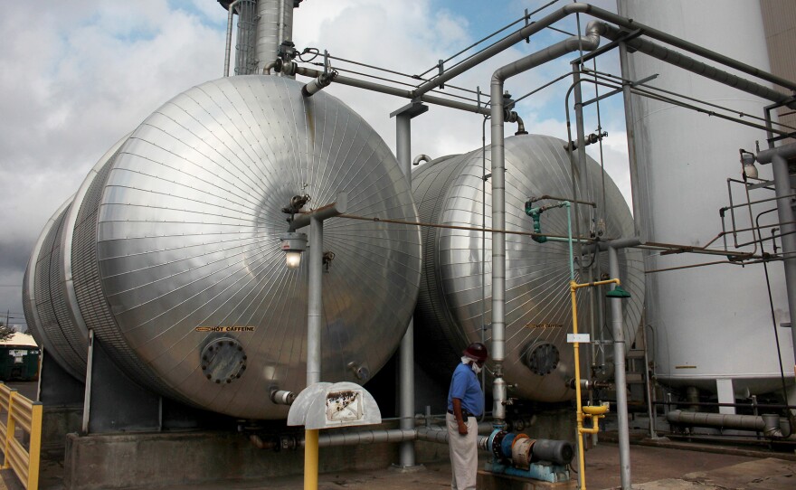 Boris Wheatley, a manager at Atlantic Coffee Solutions, inspects two tanks filled with a mixture of hot water and caffeine. The water will be evaporated to obtain crude caffeine powder.