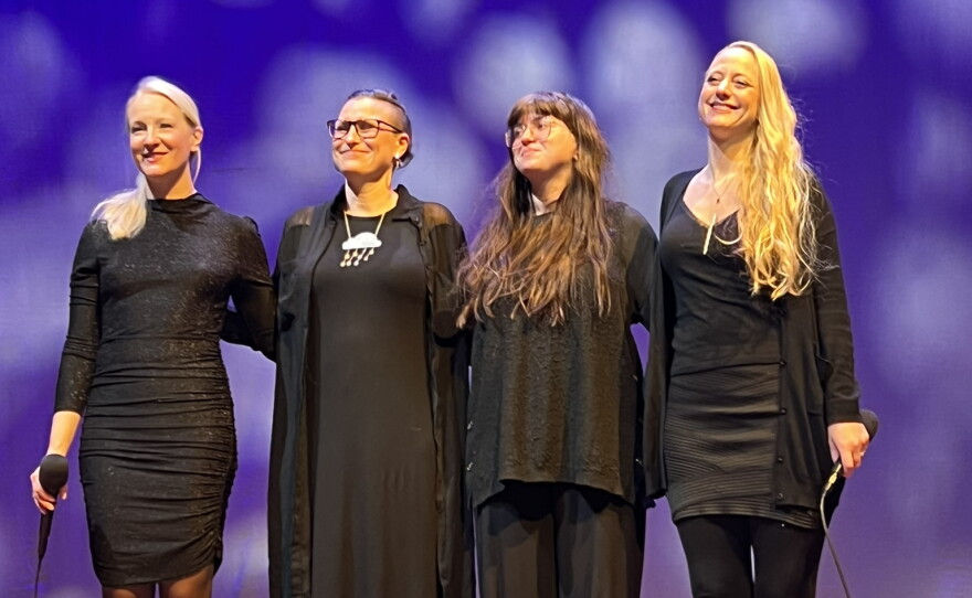 Swedish Folk'appella group Kongoro, Anna Wikenius, left, Lotta Andersson, Sophia Hultqvist Kott and Emma Björling perform in Greensboro, Vt., in December 2023.