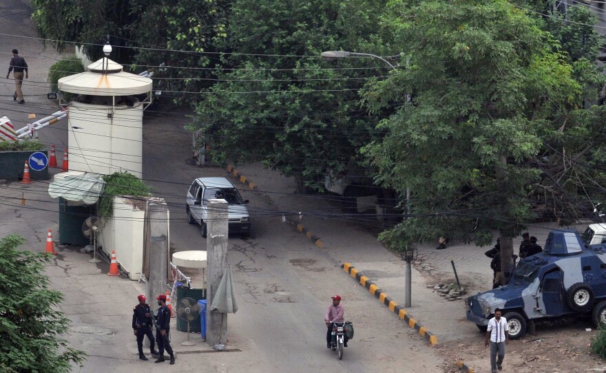 Pakistani security personnel are pictured outside the U.S. Consulate in Lahore on Aug. 5.