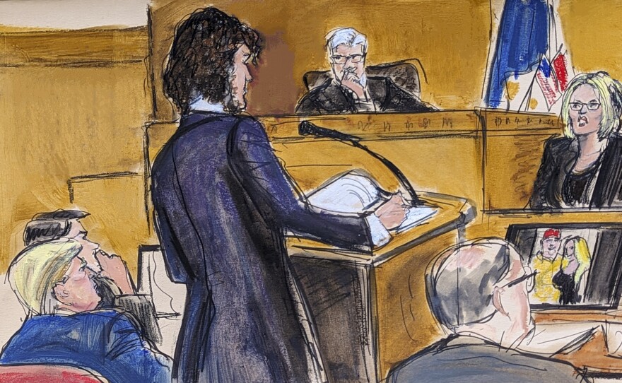 Judge Juan Merchan presides over proceedings on Tuesday as Stormy Daniels, far right, answers questions on direct examination by assistant district attorney Susan Hoffinger in Manhattan criminal court as former President Donald Trump and defense attorney Todd Blanche look on.