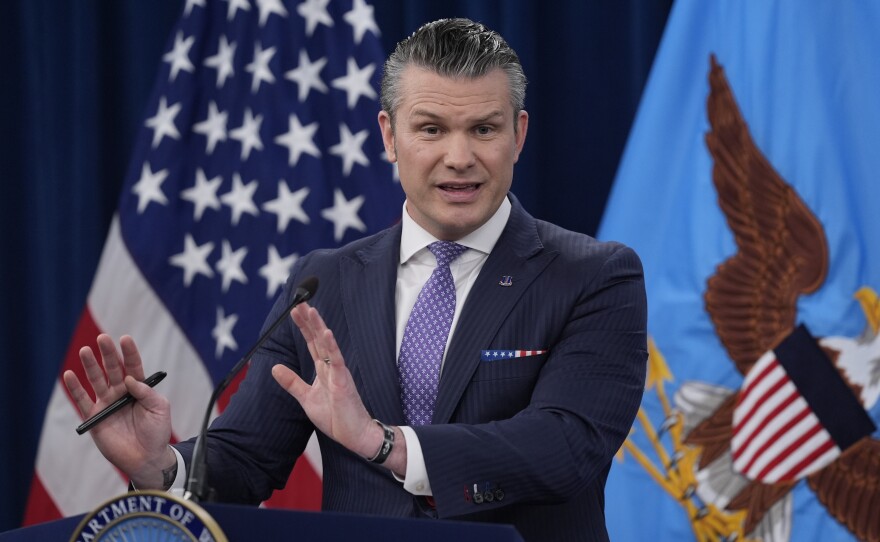 Defense Secretary Pete Hegseth speaks to members of the media during a press briefing at the Pentagon in Washington, Tuesday, March 31, 2026.