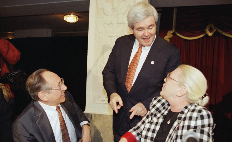 House Speaker Newt Gingrich talks with the Tofflers in 1994 in Washington, D.C.