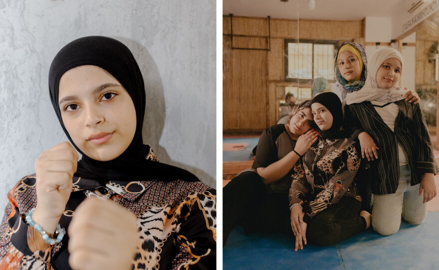 Malak, left, is a Palestinian refugee teenager who lives in Bourj el Barajneh and trains in jiu jitsu. She met Hanan  (the one next to her) in the training and they always team up together. They became more than friends "like sisters!" they say . Malak shares her aspirations "I want to be a beauty specialist when I graduate this year. I will join a special technical school and start working toward my dream."