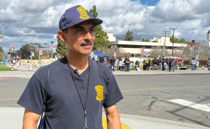 Carlos Sanchez, the chief shop steward for Teamsters Local 2010 at San Diego State University, is shown on campus on February 17, 2026.