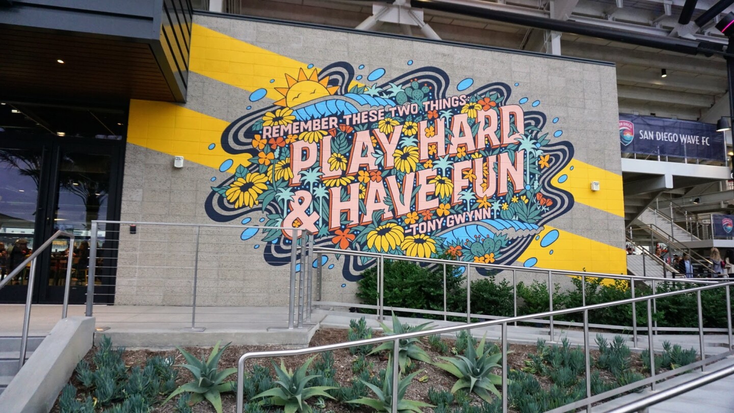 A mural featuring a quote from former San Diego Padres star player Tony Gwynn at Snapdragon Stadium.