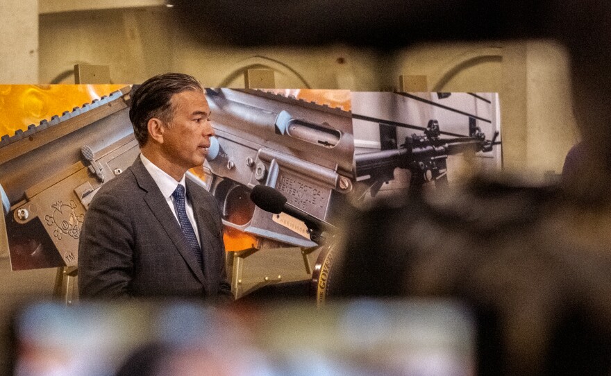 California Attorney General Rob Bonta spoke in favor of new gun control legislation at a press conference at the Del Mar Fairgrounds, Feb. 18, 2022.