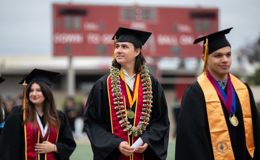 Graduating students walk into the DeVore Stadium during a commencement ceremony at Southwestern College in Chula Vista on May 24, 2024. Adriana Heldiz / CalMatters