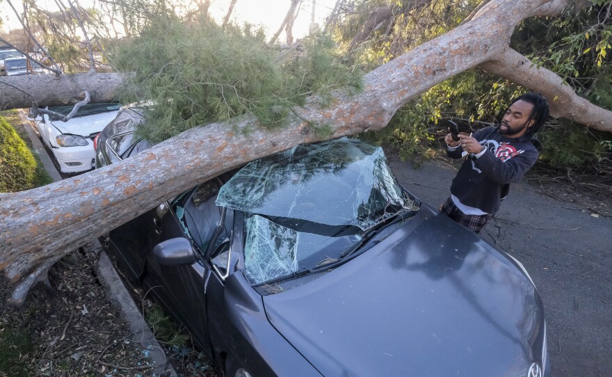 Brandon Crenshaw takes photos as a fallen tree sits on top of his car after strong winds in Upland, Calif., on Saturday.