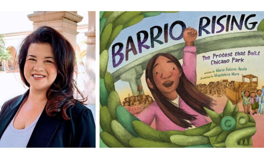Author María Dolores Águila is pictured with her book "Barrio Rising: The Protest That Built Chicano Park."