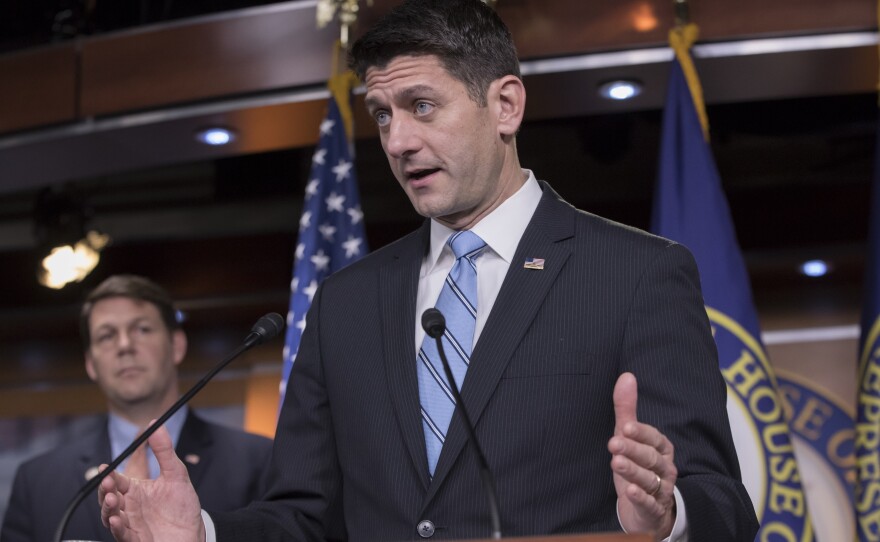 Speaker of the House Paul Ryan, R-Wis., joined at left by Rep. Jodey Arrington, R-Texas, on Nov. 7 on Capitol Hill in Washington defends the GOP tax reform plan being crafted in the Ways and Means Committee.