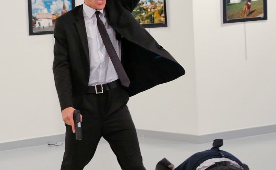 An Associated Press photographer at the scene reports this man shot Andrei Karlov, the Russian ambassador to Turkey, at a photo gallery in Ankara on Monday.