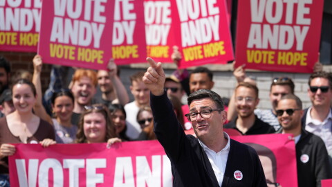 Andy Burnham, Britain's Labour candidate for Makerfield, gestures in front of supporters during the by-election in Makerfield, England, Thursday, June 18, 2026 where voters are choosing a new lawmaker with Andy Burnham of the Labour Party as the leading contender.