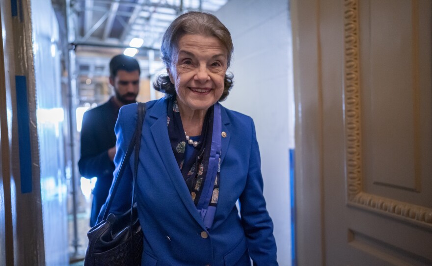 File photo of Sen. Dianne Feinstein, D-Calif., walking through a Senate corridor at the Capitol in Washington, Feb. 14, 2023.